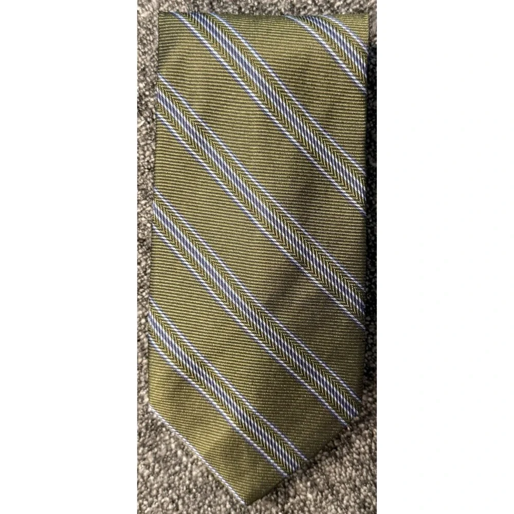 Tom James Royal Classic Silk Striped Tie Olive Green Blue Business Wide Designer